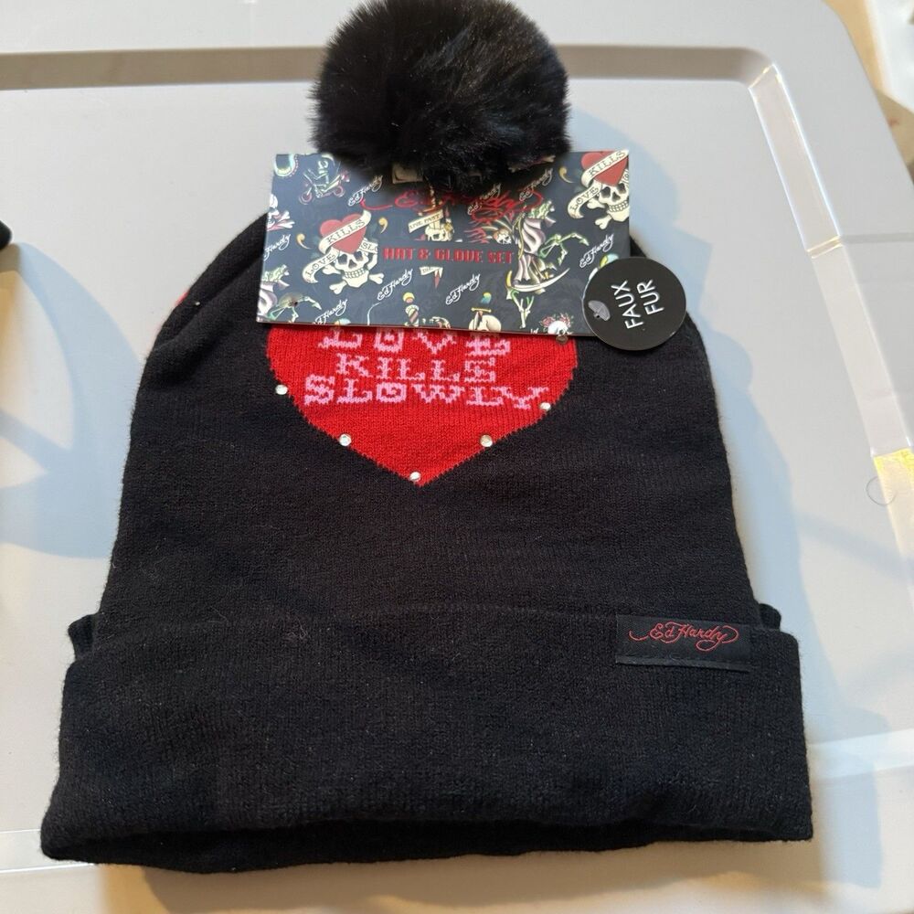 Ed Hardy Unisex’s Faux Fur Beanie Black Love Kill Slowly Tiger Roses 2 Pack NWT